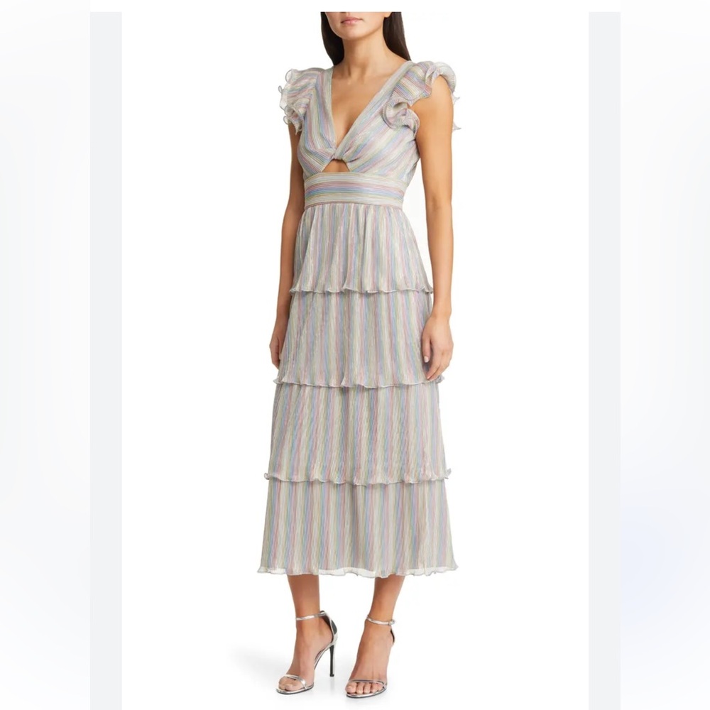 Saylor Lyla Metallic Rainbow Stripe Tiered Cocktail Dress size XS